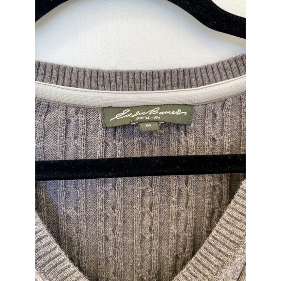 Eddie Bauer Grey V Neck Sweater Womens Medium Cable Knit Preppy Y2K Twilight Vtg - Picture 4 of 8